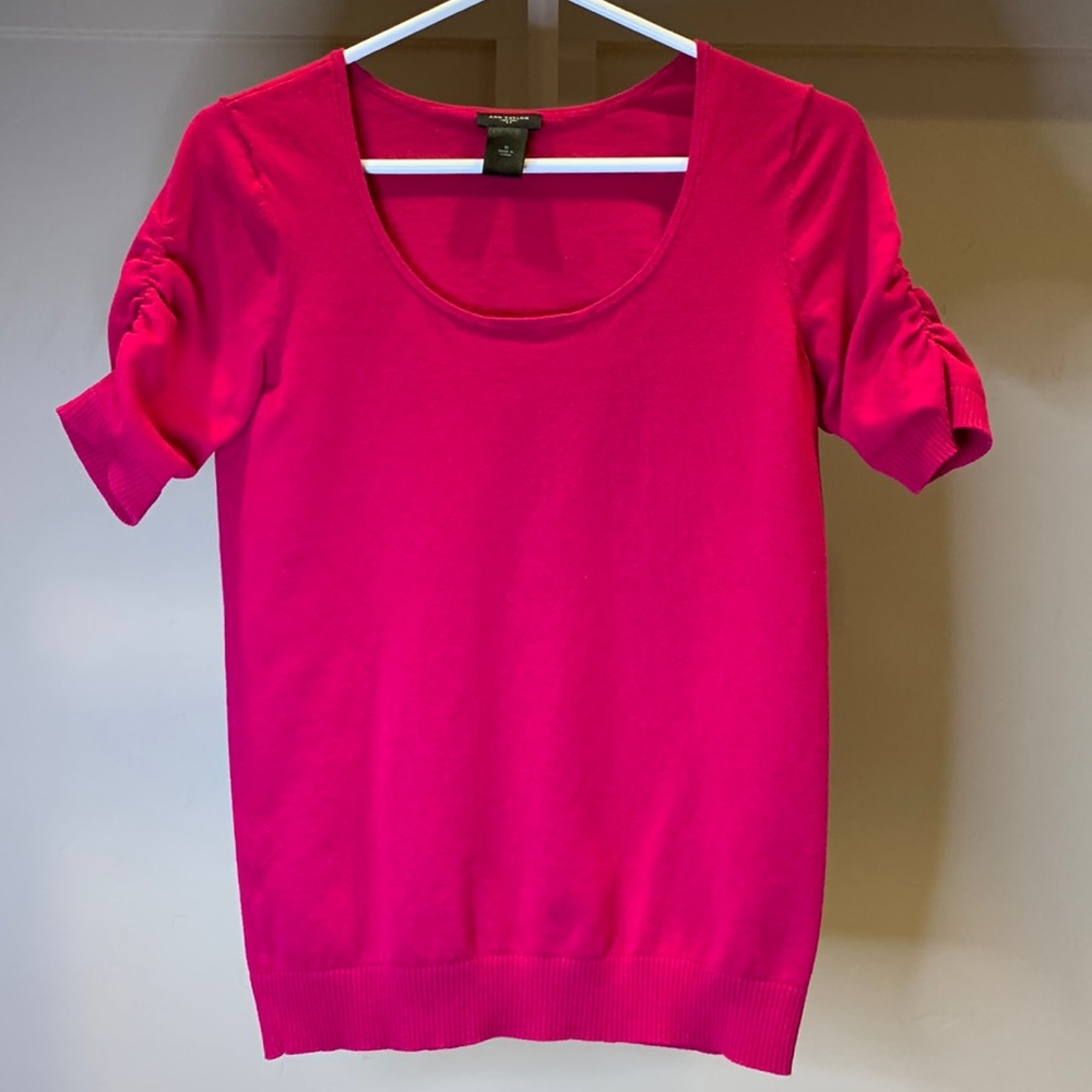 Ann Taylor Pink Knit Sweater Top with Ruched Sleeves
